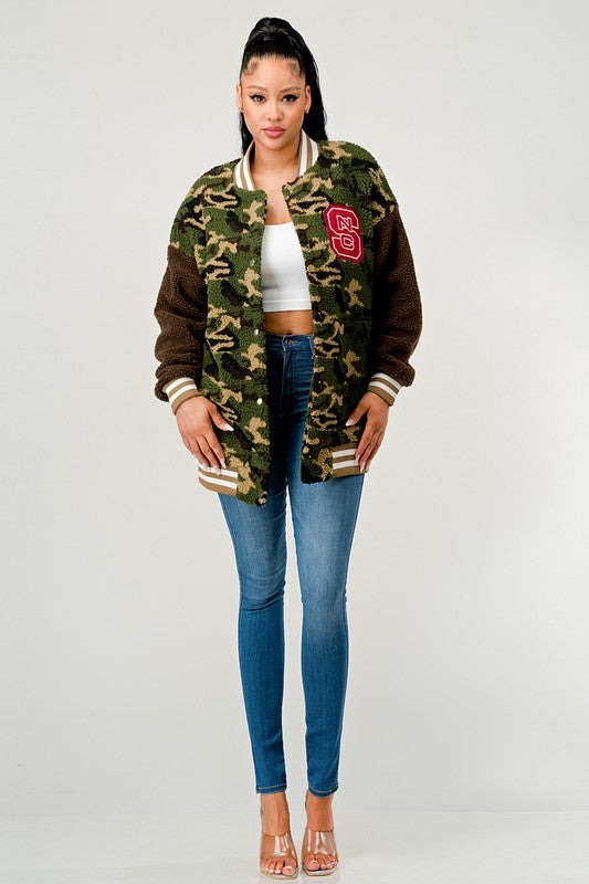 Athina Camo Street Scholar Letterman Bomber Jacket