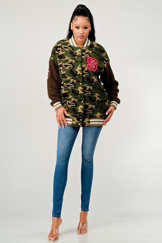 Athina Camo Street Scholar Letterman Bomber Jacket