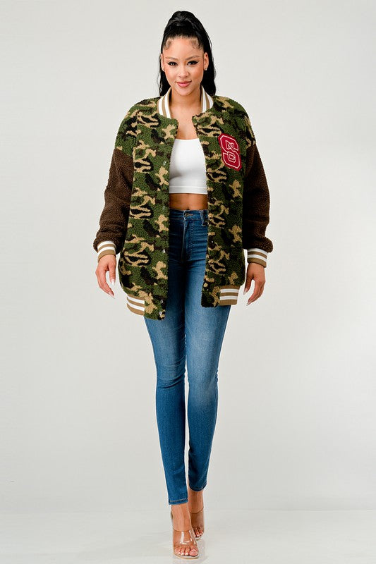 Athina Camo Street Scholar Letterman Bomber Jacket