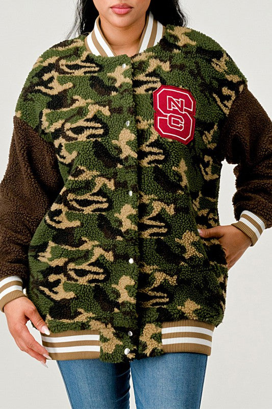 Athina Camo Street Scholar Letterman Bomber Jacket