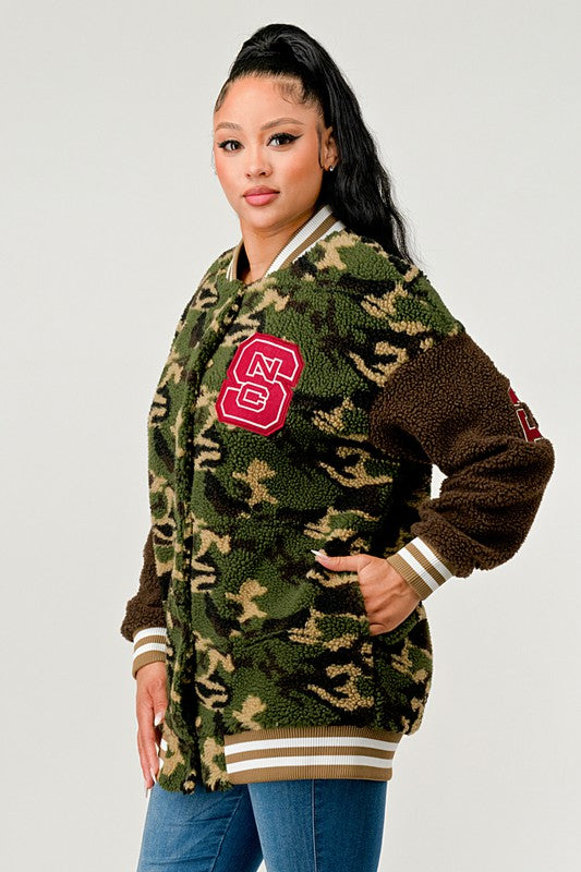 Athina Camo Street Scholar Letterman Bomber Jacket