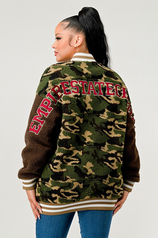 Athina Camo Street Scholar Letterman Bomber Jacket