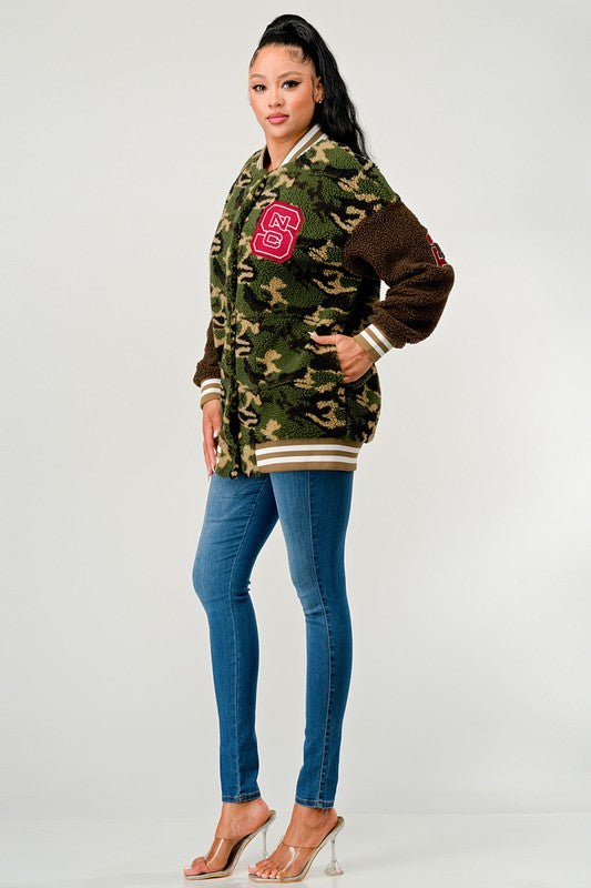 Athina Camo Street Scholar Letterman Bomber Jacket