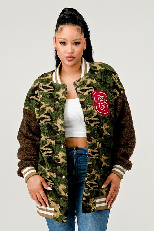 Athina Camo Street Scholar Letterman Bomber Jacket