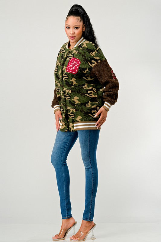 Athina Camo Street Scholar Letterman Bomber Jacket