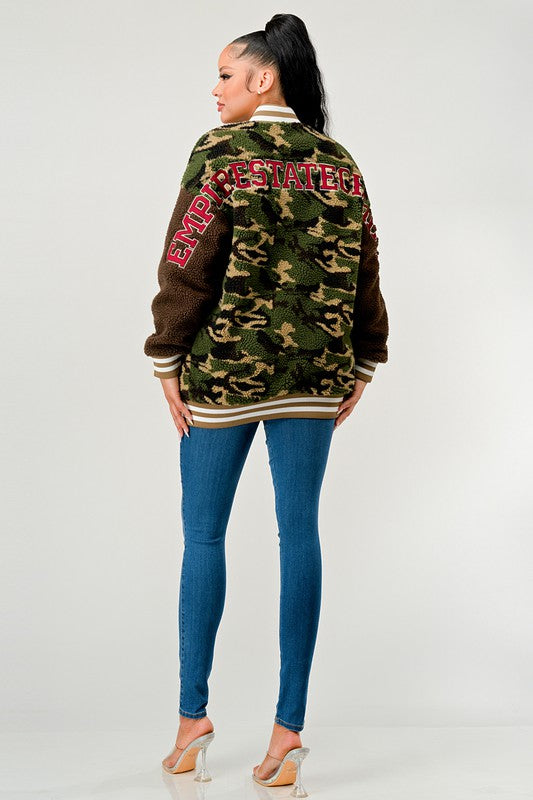 Athina Camo Street Scholar Letterman Bomber Jacket