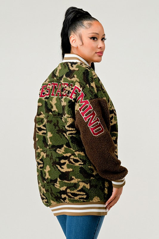 Athina Camo Street Scholar Letterman Bomber Jacket