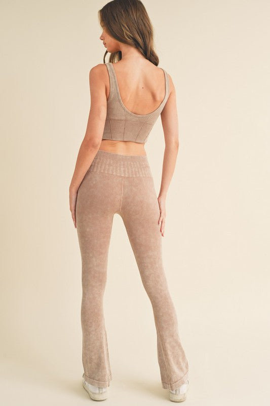 Yelete Two Piece Stone Washed Ribbed Sports Bra & Leggings Set in 5 Colors