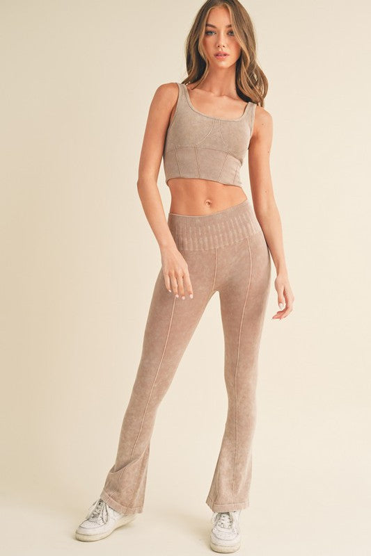 Yelete Two Piece Stone Washed Ribbed Sports Bra & Leggings Set in 5 Colors