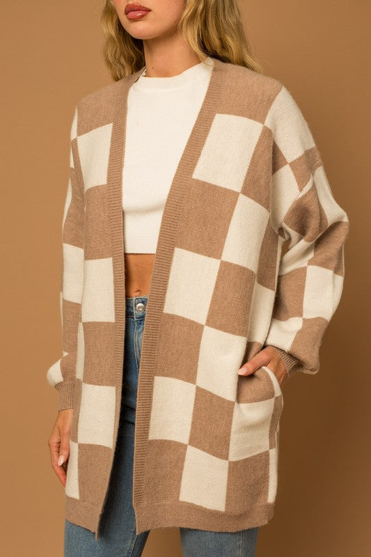 Gilli Checker Print Open Front Tunic Cardigan Sweater in Taupe Multi