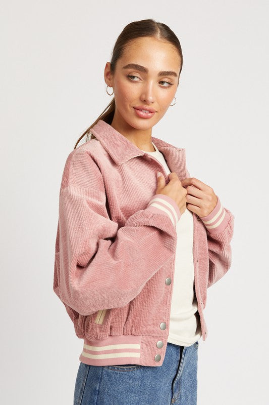 Emory Park Collared Corduroy Bomber Jacket in Rose Pink