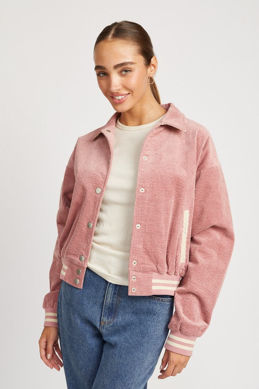 Emory Park Collared Corduroy Bomber Jacket in Rose Pink