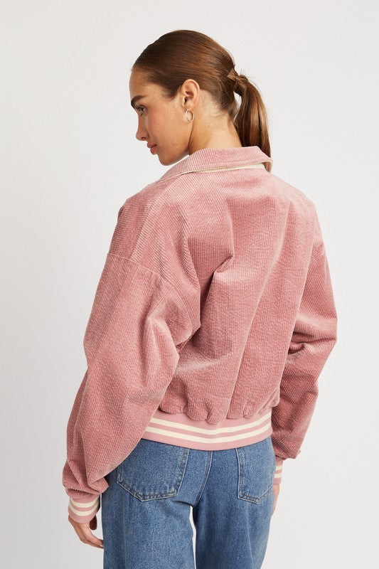 Emory Park Collared Corduroy Bomber Jacket in Rose Pink