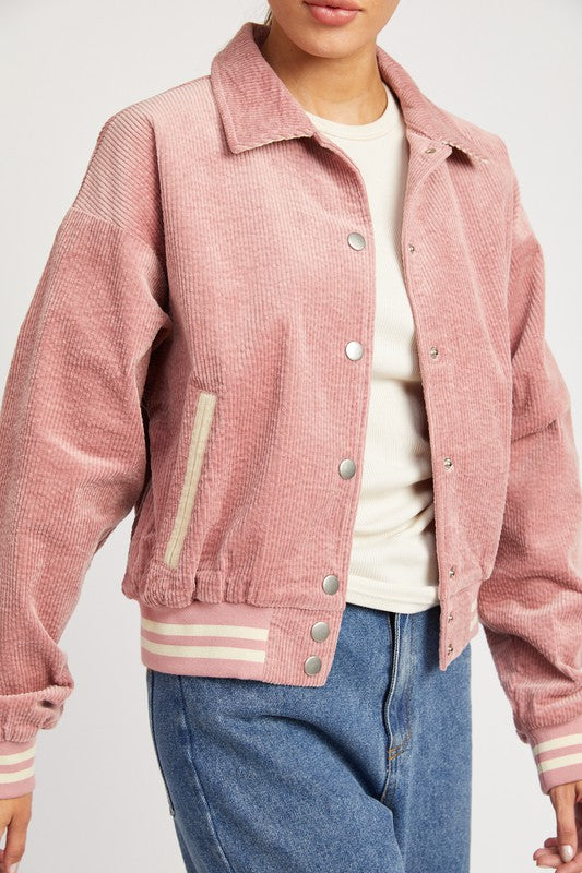 Emory Park Collared Corduroy Bomber Jacket in Rose Pink