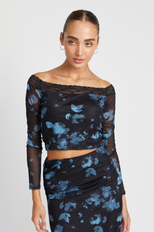 EMORY PARK OFF SHOULDER FLORAL CROP TOP WITH LACE DETAIL