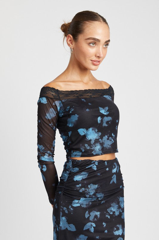 EMORY PARK OFF SHOULDER FLORAL CROP TOP WITH LACE DETAIL