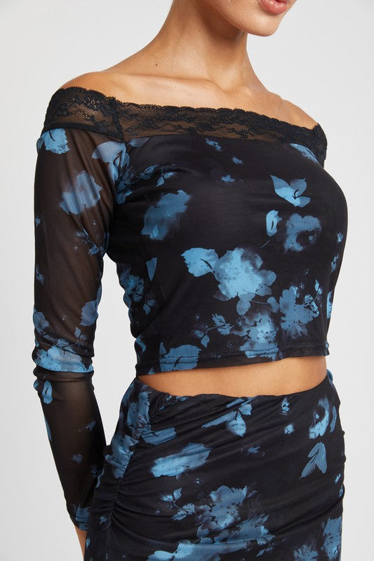 EMORY PARK OFF SHOULDER FLORAL CROP TOP WITH LACE DETAIL