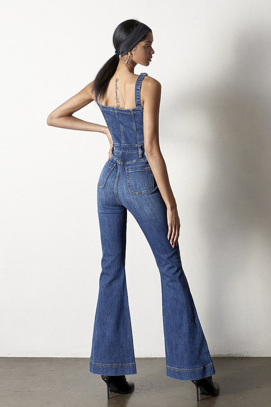 INSANE GENE BUTTON FRONT FLARE LEG DENIM JUMPSUIT