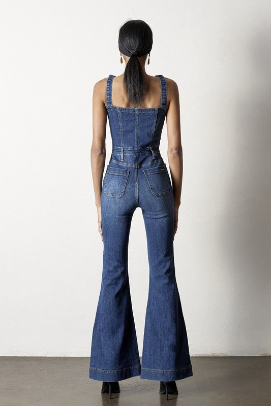 INSANE GENE BUTTON FRONT FLARE LEG DENIM JUMPSUIT