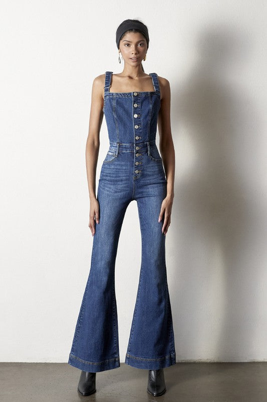 INSANE GENE BUTTON FRONT FLARE LEG DENIM JUMPSUIT