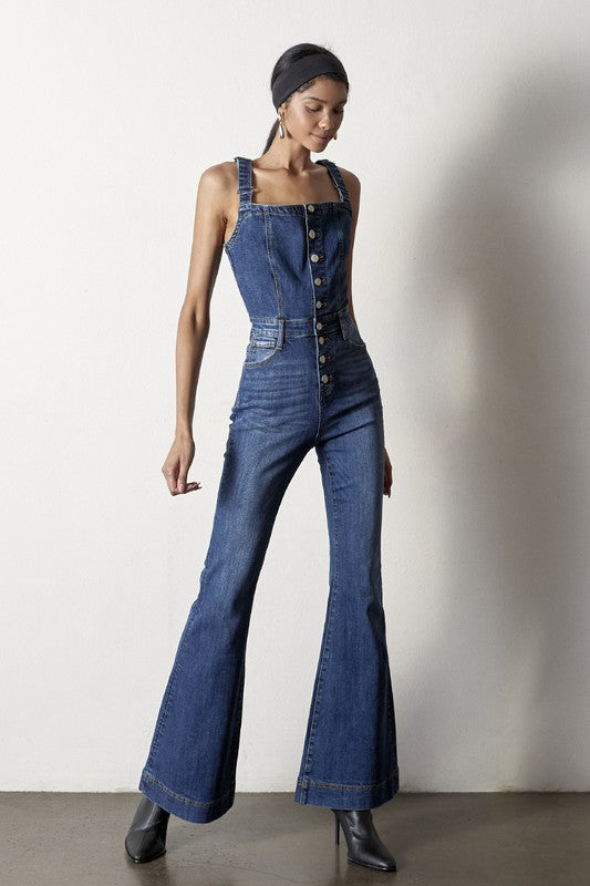 INSANE GENE BUTTON FRONT FLARE LEG DENIM JUMPSUIT