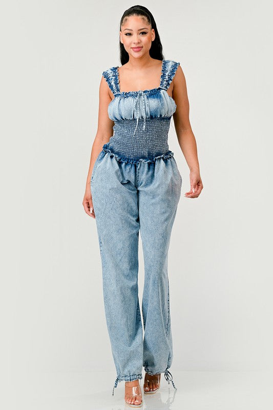 ATHINA Chambray Charm Ruffled Sleeve Denim Jumpsuit