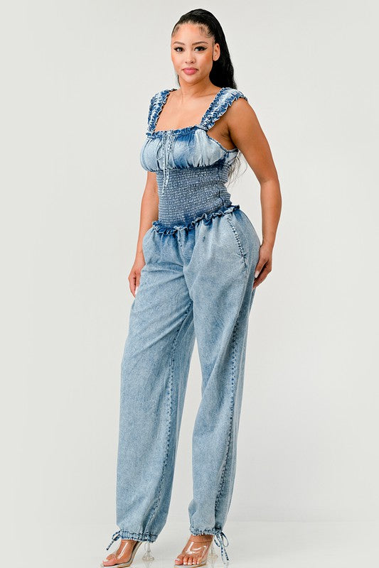 ATHINA Chambray Charm Ruffled Sleeve Denim Jumpsuit