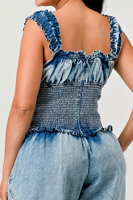 ATHINA Chambray Charm Ruffled Sleeve Denim Jumpsuit