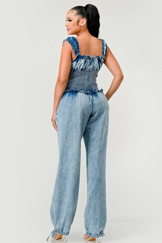 ATHINA Chambray Charm Ruffled Sleeve Denim Jumpsuit