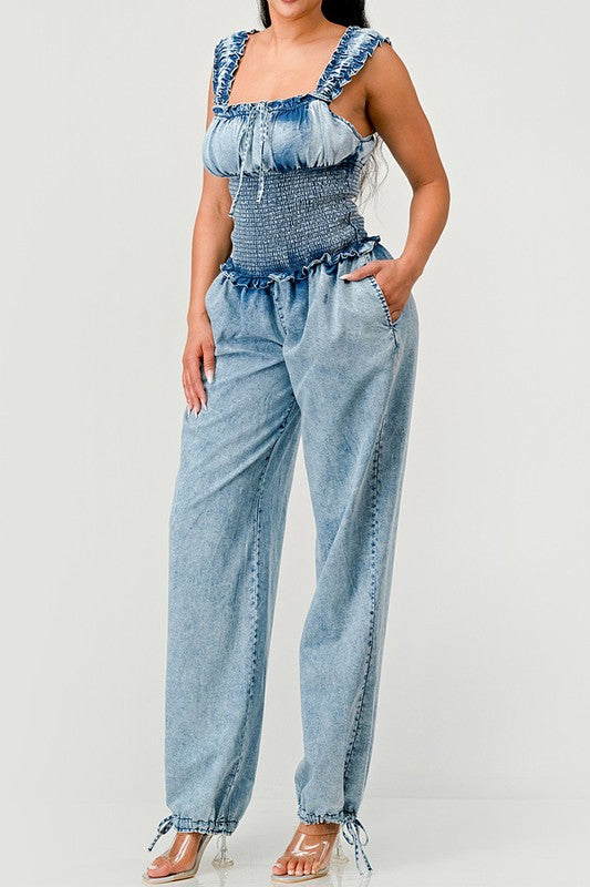 ATHINA Chambray Charm Ruffled Sleeve Denim Jumpsuit