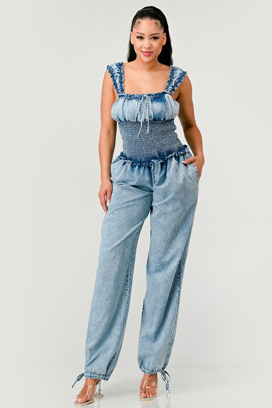 ATHINA Chambray Charm Ruffled Sleeve Denim Jumpsuit