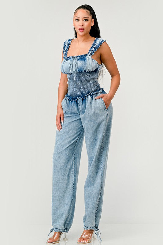 ATHINA Chambray Charm Ruffled Sleeve Denim Jumpsuit