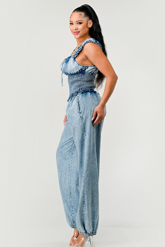 ATHINA Chambray Charm Ruffled Sleeve Denim Jumpsuit