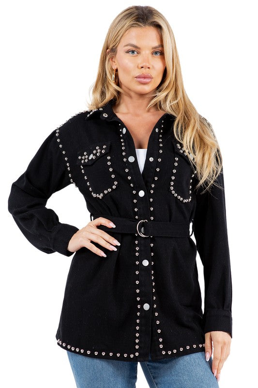 By Claude Rivet Detail Belted Button Front Denim Shirt Jacket in Black NWT