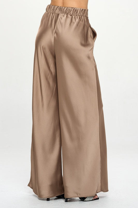 Stretch Satin Pants w/ Elastic Waist and Pockets.