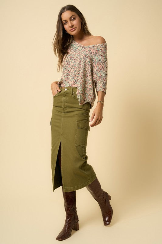 Insane Gene Front Slit Denim Cargo Midi Skirt in True Olive Green