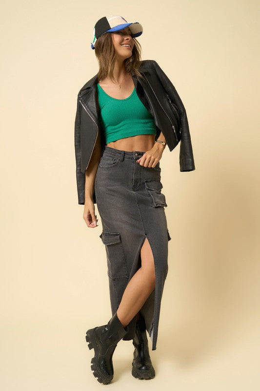 Insane Gene Front Slit Stretch Denim Cargo Maxi Skirt in Black