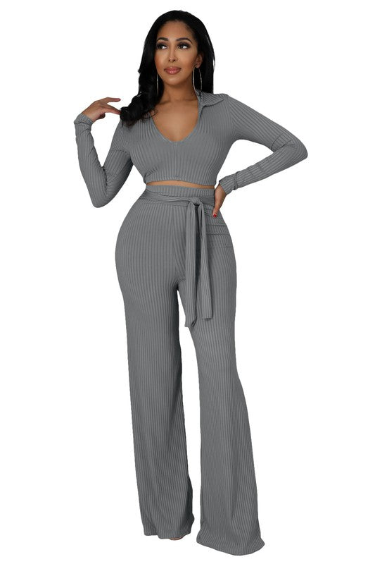 BY CLAUDE TWO PIECE LONG SLEEVE CROP TOP AND PANTS SET