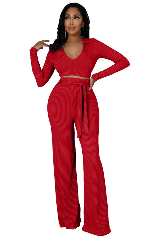 BY CLAUDE TWO PIECE LONG SLEEVE CROP TOP & PANTS SET