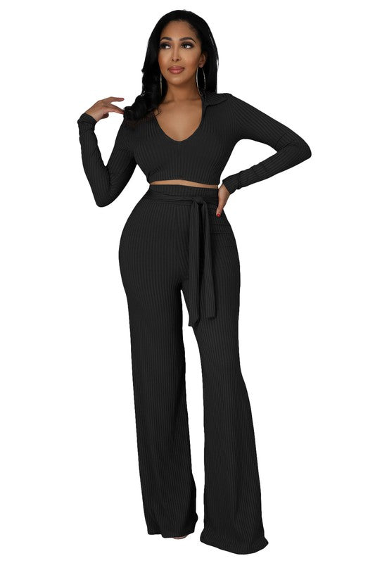 BY CLAUDE TWO PIECE LONG SLEEVE CROP TOP & PANTS SET