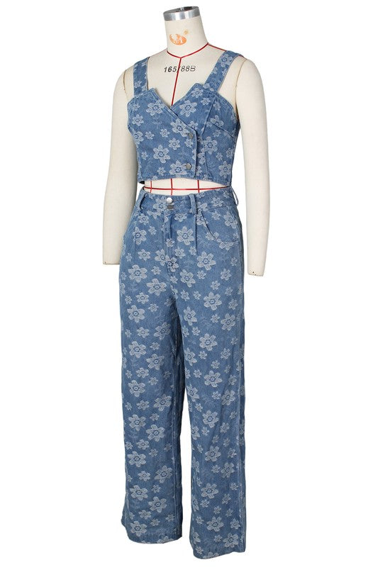 BY CLAUDE TWO PIECE DENIM TANK AND PANTS SET IN FLORAL BLUE