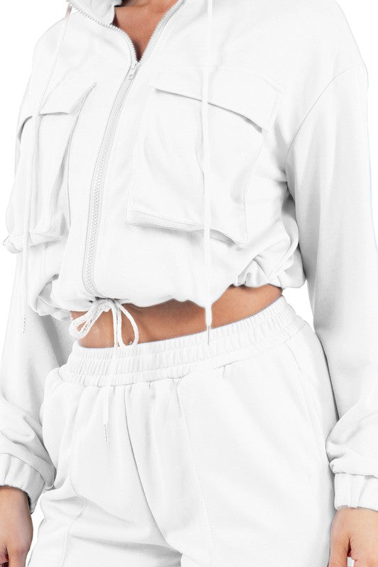 BY CLAUDE TWO PIECE LONG SLEEVE ZIP CROP TOP AND PANTS SWEATSUIT