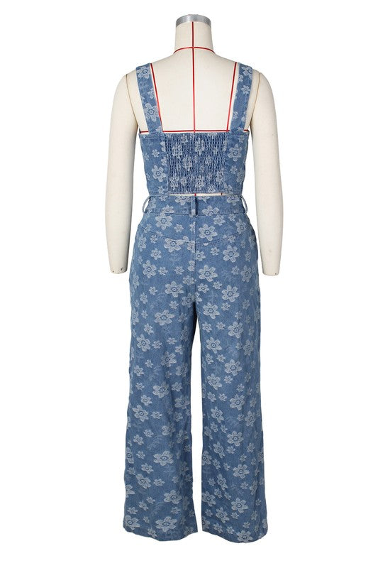 BY CLAUDE TWO PIECE DENIM TANK AND PANTS SET IN FLORAL BLUE