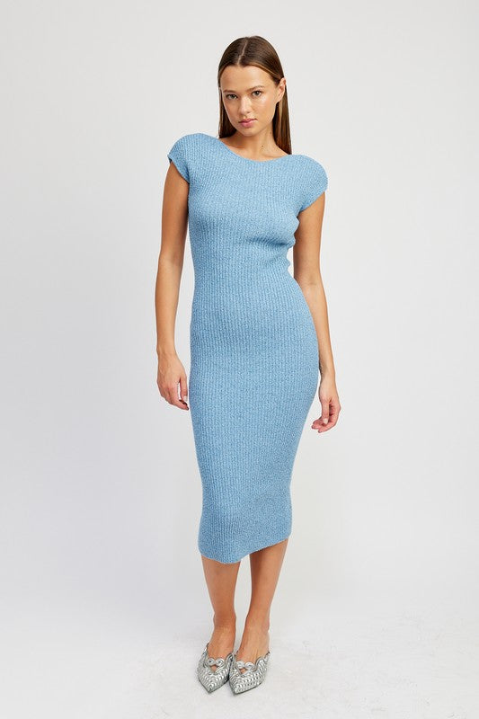 Emory Park Bodycon Cap Sleeve Backless Midi Dress in Blue