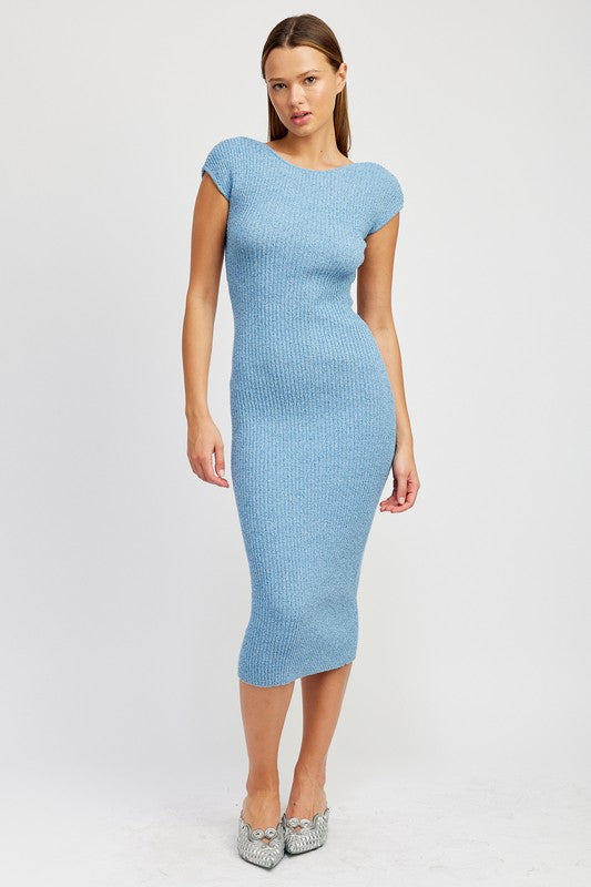 Emory Park Bodycon Cap Sleeve Backless Midi Dress in Blue