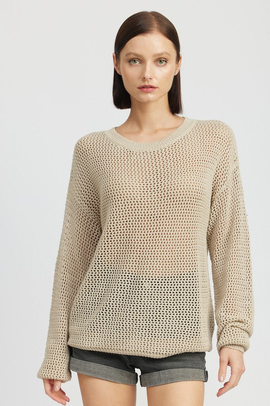 EMORY PARK OPEN KNIT CROCHET LONG SLEEVE TOP