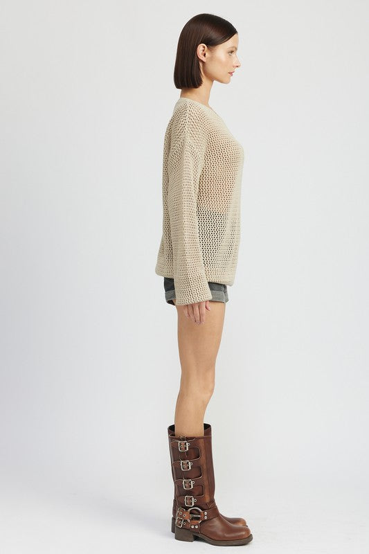 EMORY PARK OPEN KNIT CROCHET LONG SLEEVE TOP