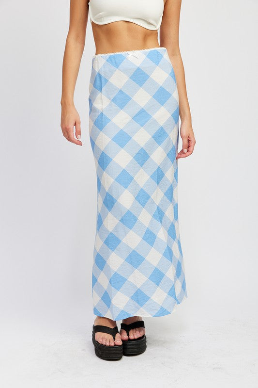 EMORY PARK BIAS CUT MAXI SKIRT IN BLUE & WHITE CHECKER