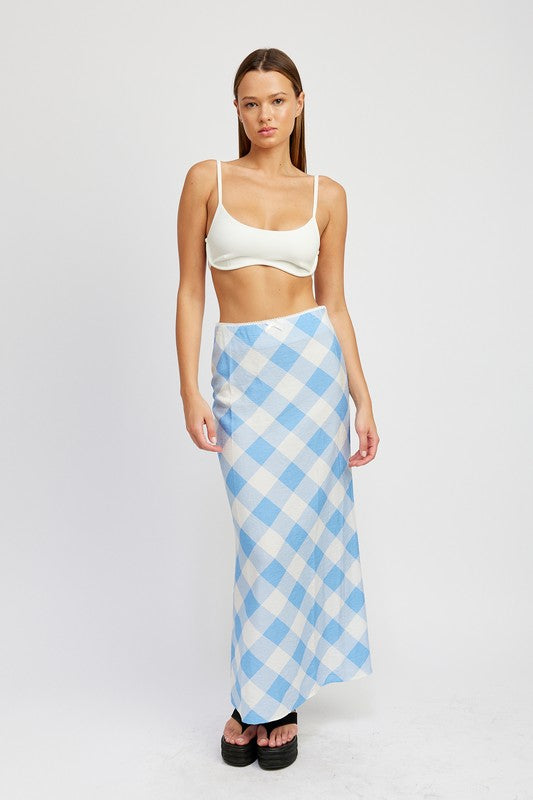 EMORY PARK BIAS CUT MAXI SKIRT IN BLUE & WHITE CHECKER