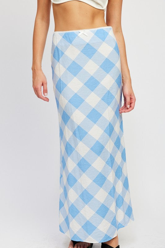 EMORY PARK BIAS CUT MAXI SKIRT IN BLUE & WHITE CHECKER